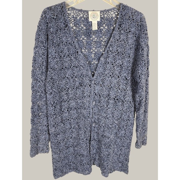 Vtg Cape Isle Knitters Blue Open Crochet Cardigan Size L Cottagecore Coastal - Picture 2 of 8